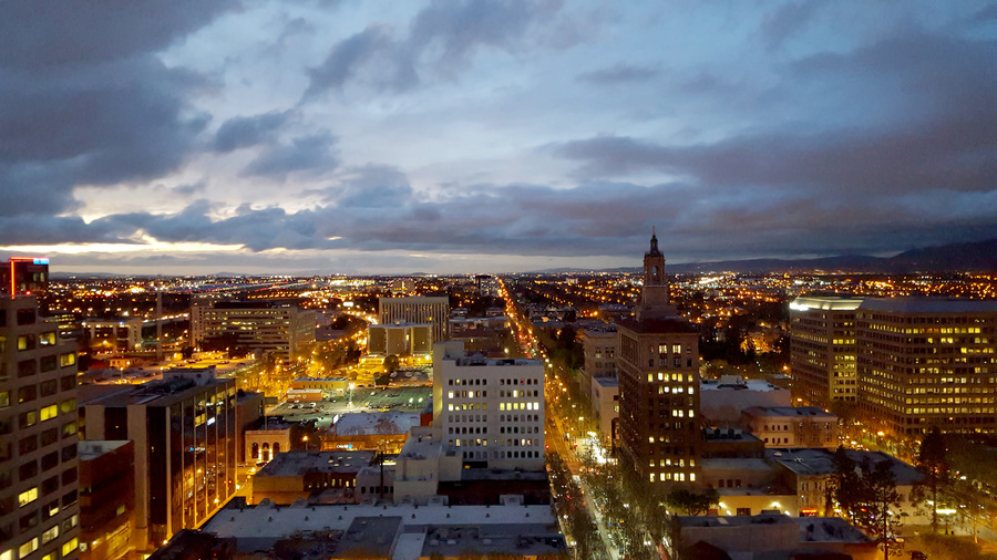 View of the skyline and a town in the sunset