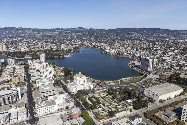 View of the lake and surrounding buildings