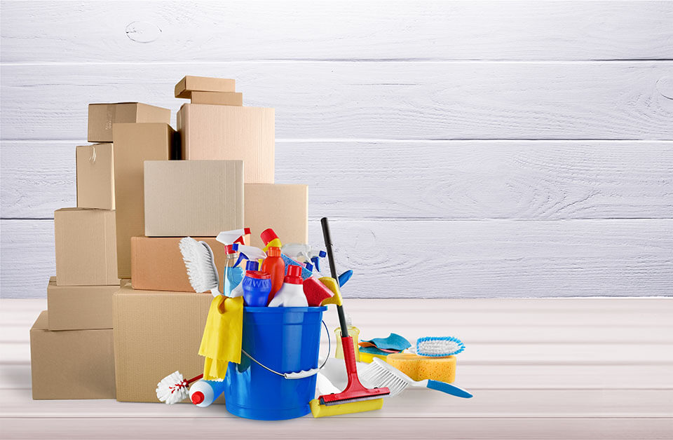 A bunch of boxes and cleaning supplies together