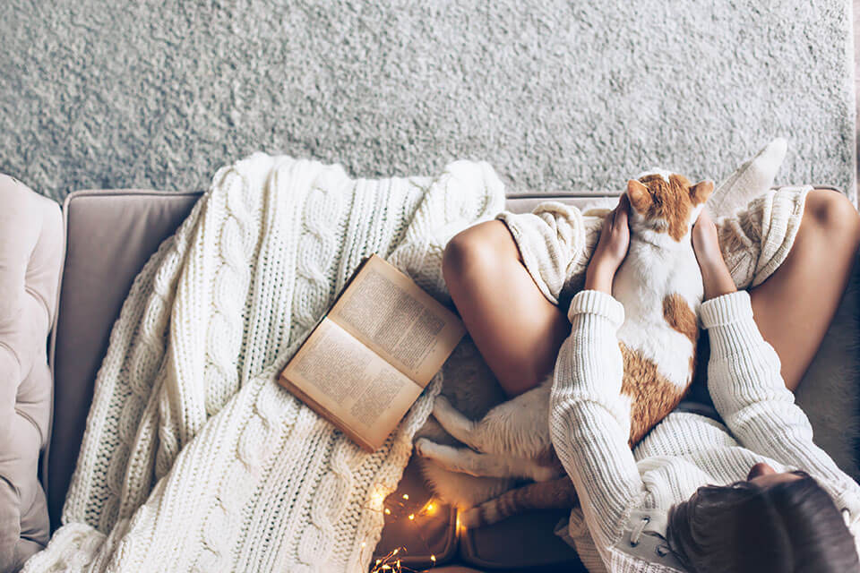 A girl and a cat reading a book together