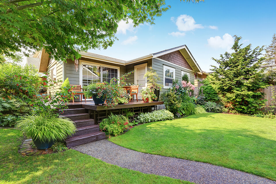 A house with a porch and a front yard, with plants on both sides